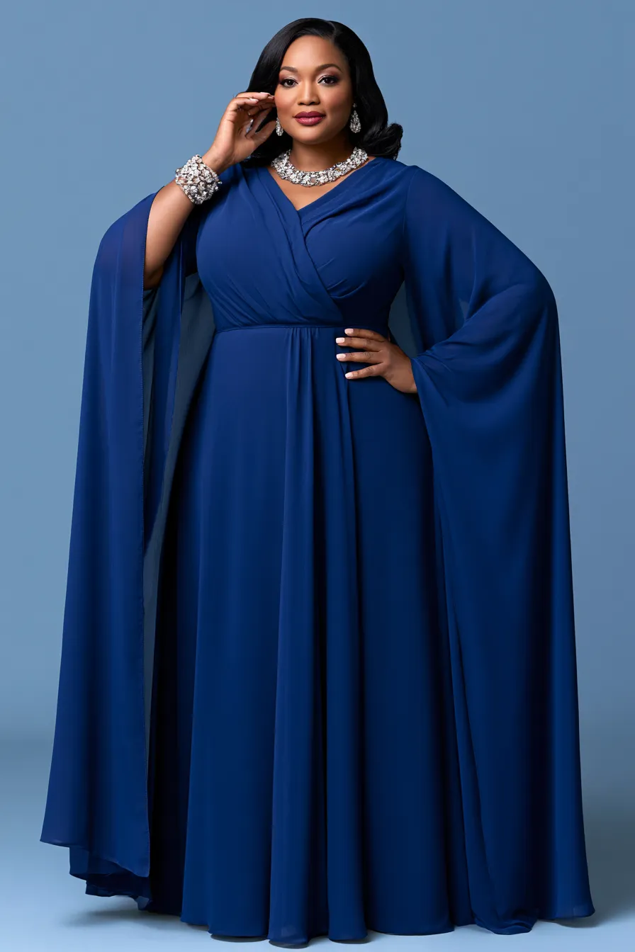 Plus size formal wedding guest outfit in cobalt floor-length chiffon