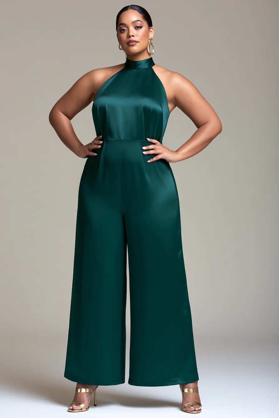 Plus size model in emerald green wide-leg jumpsuit — wedding guest outfit idea for curvy women