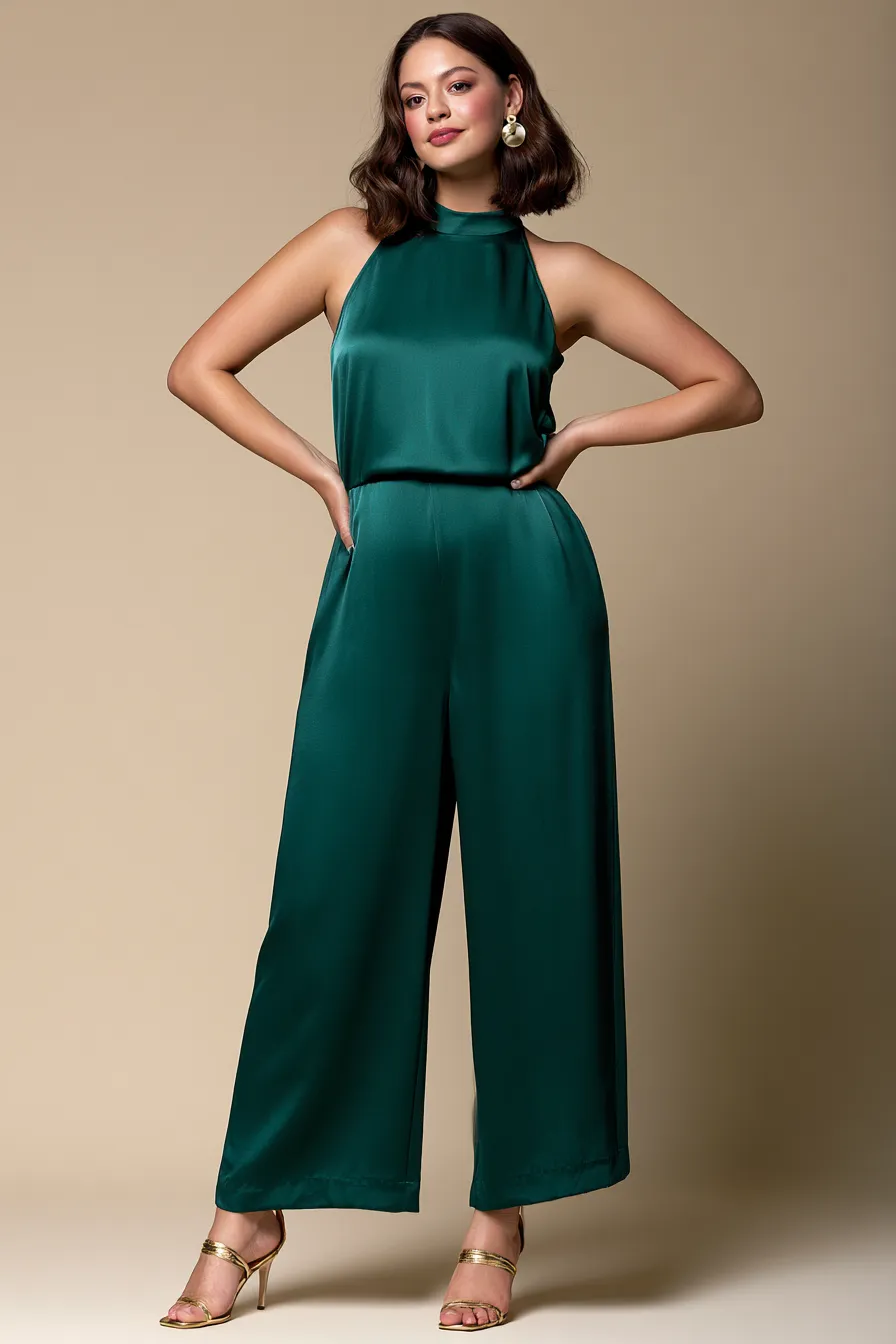 Satin wide-leg jumpsuit as a plus size wedding guest outfit for semi-formal occasions