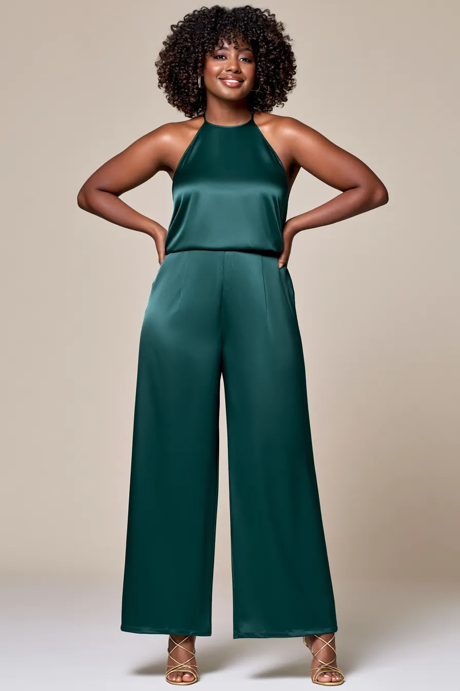 Curvy wedding guest outfit featuring an elegant halter jumpsuit in deep green
