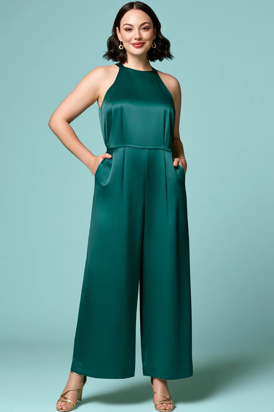 Plus size wedding guest ideas with a wide-leg satin jumpsuit and strappy heels