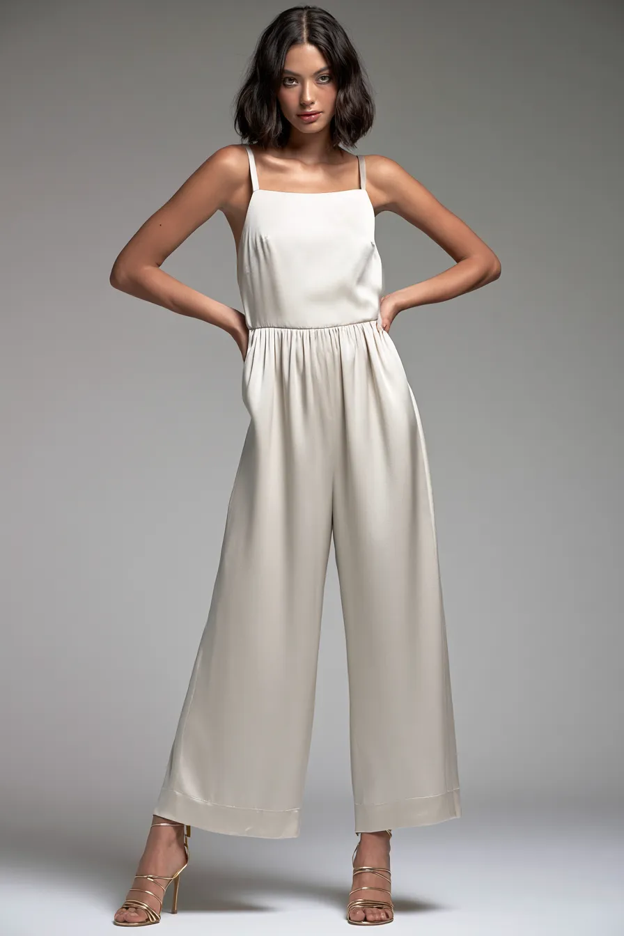 Silk wide-leg jumpsuit as an elegant summer outdoor wedding guest outfit idea