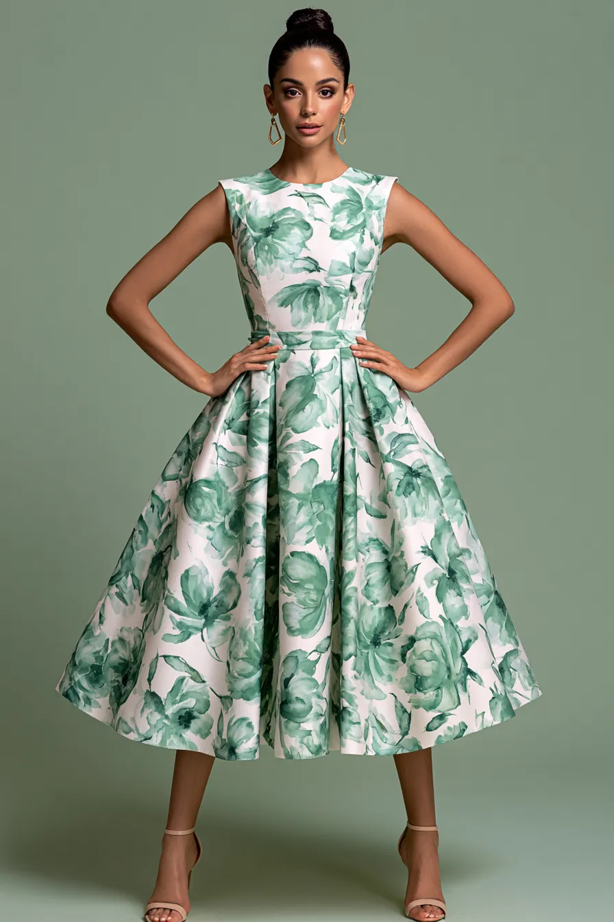 Summer wedding guest ideas featuring elegant floral midi length dress
