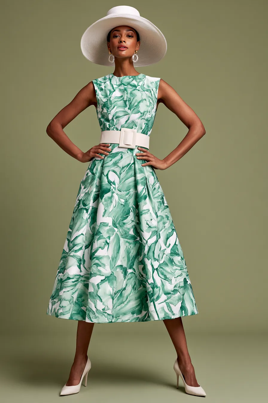 Summer wedding guest ideas featuring elegant floral midi length dress