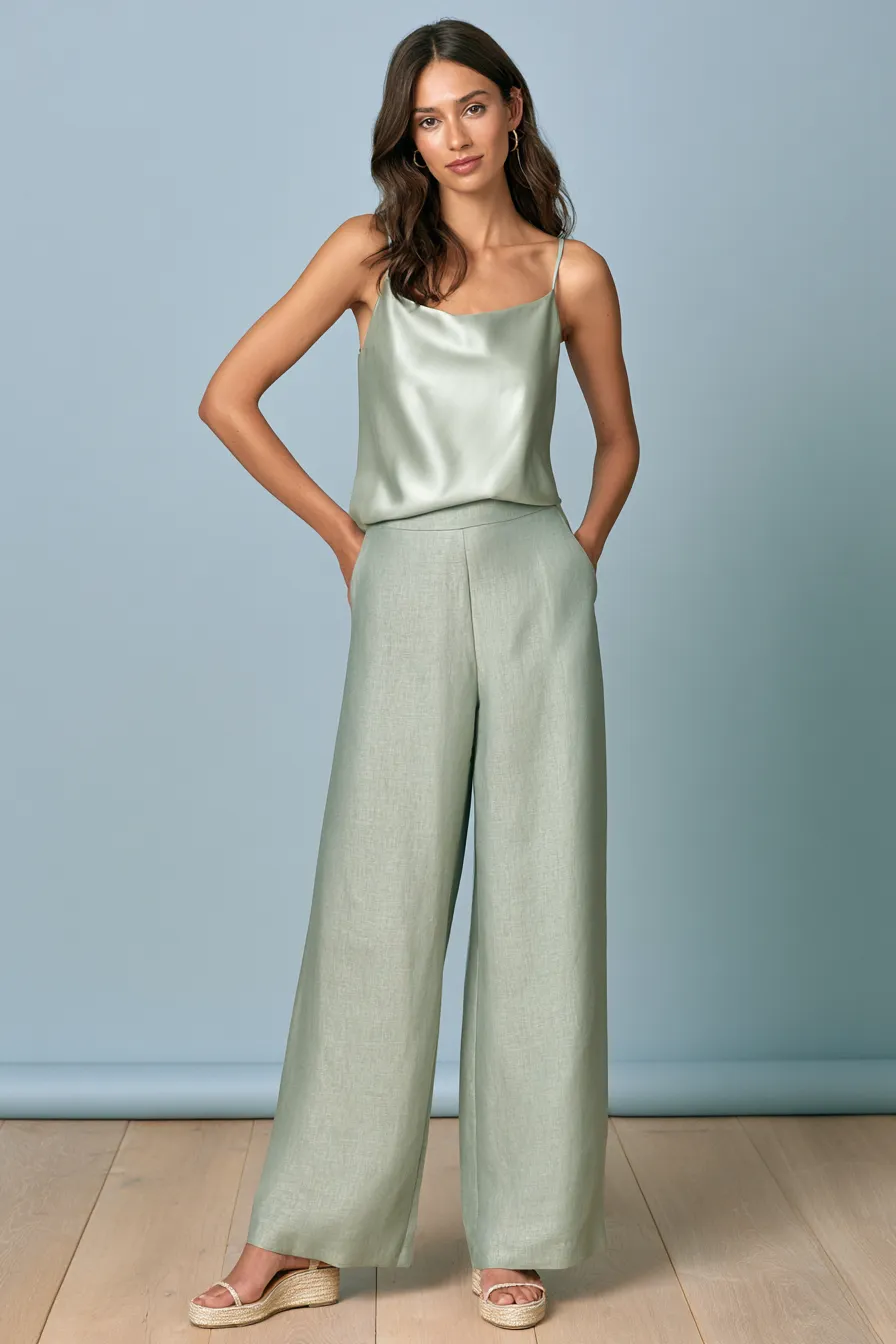 Chic two-piece summer outdoor wedding guest outfit idea in earthy tones