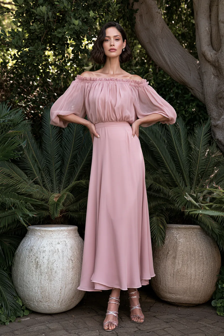 Woman in dusty rose chiffon midi dress — wedding guest outfit ideas for summer outdoor garden ceremony