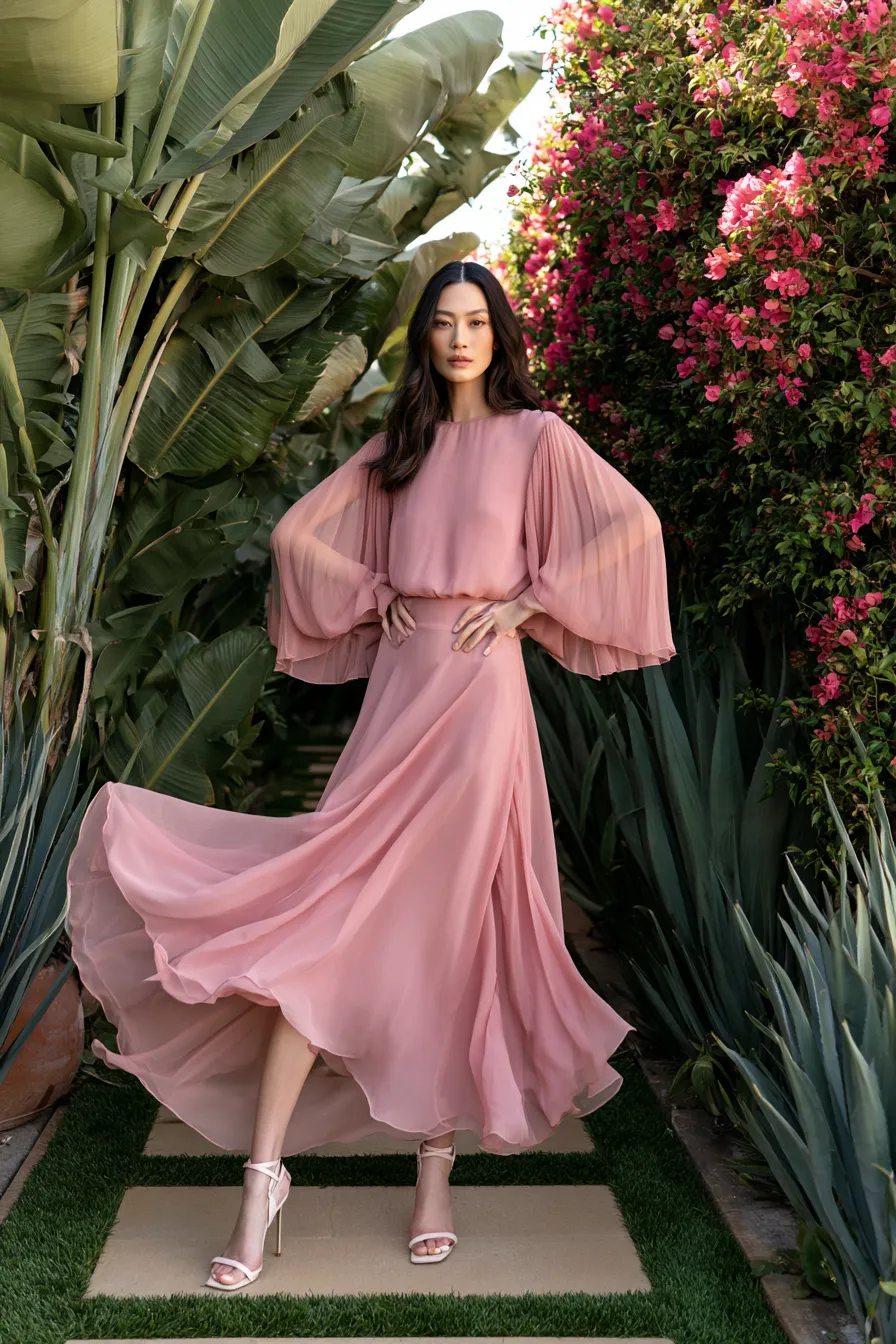 Summer wedding guest outfit in soft pink chiffon for outdoor reception