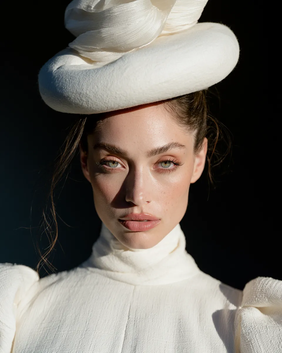 Bridal headwear styled with a sleek chignon wedding hairstyle and pearl detailing