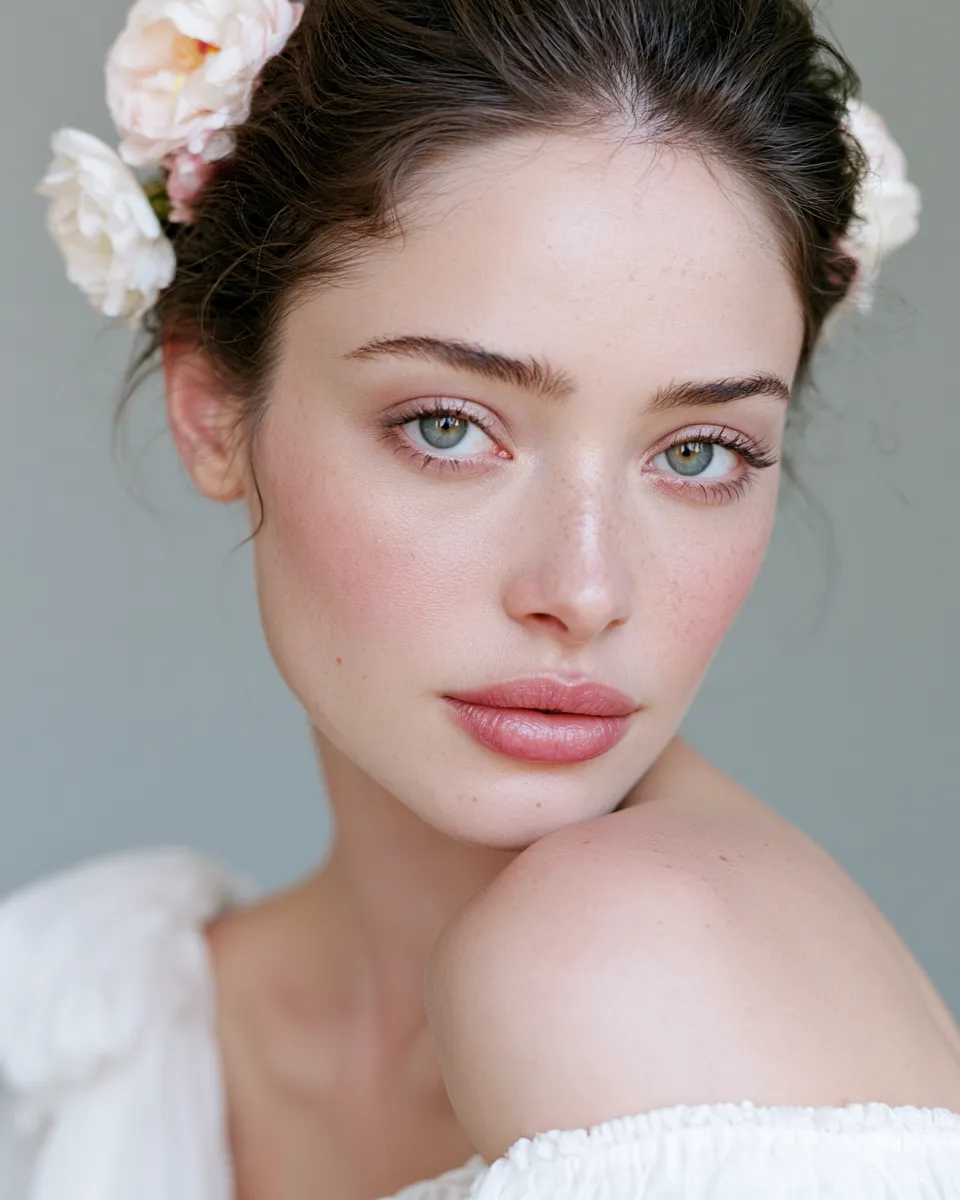 Bride with a classic updo wedding hairstyle adorned with small white flowers
