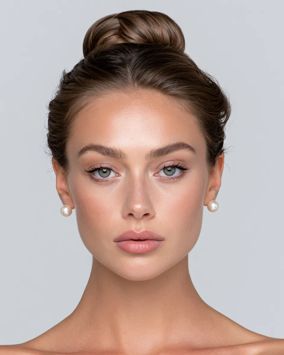 Close-up of a polished French roll hairstyle worn at a formal wedding ceremony