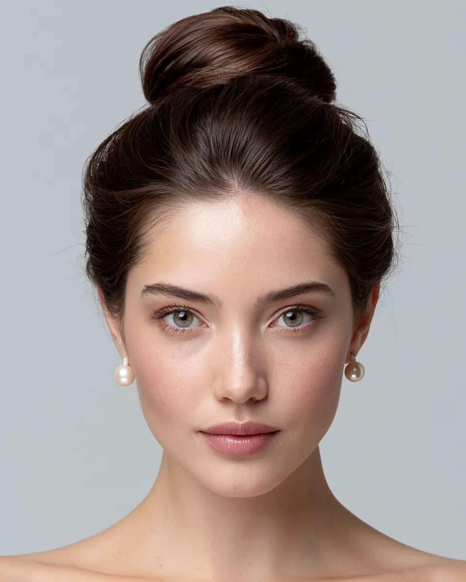 Woman with a sleek French twist wedding hair look and pearl drop earrings