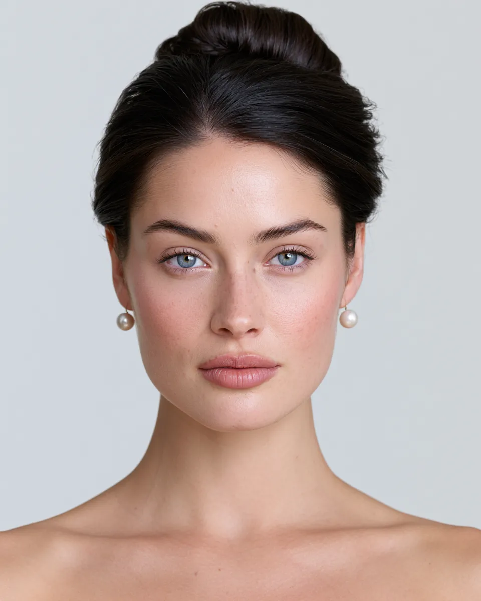 Beauty editorial portrait featuring a sculptural updo wedding hairstyle with smooth finish