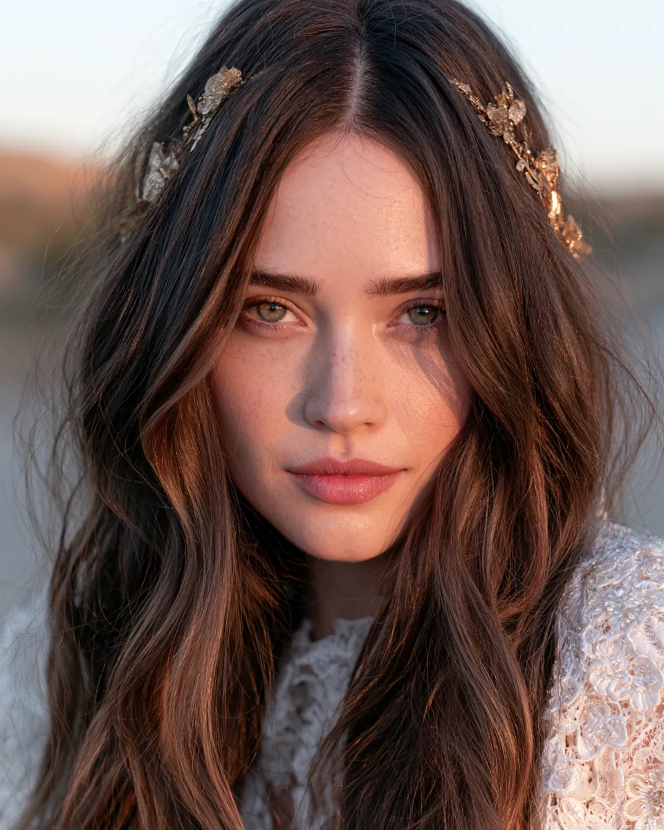 Close-up of a bride with long hair swept into a loose chignon with champagne-toned clips