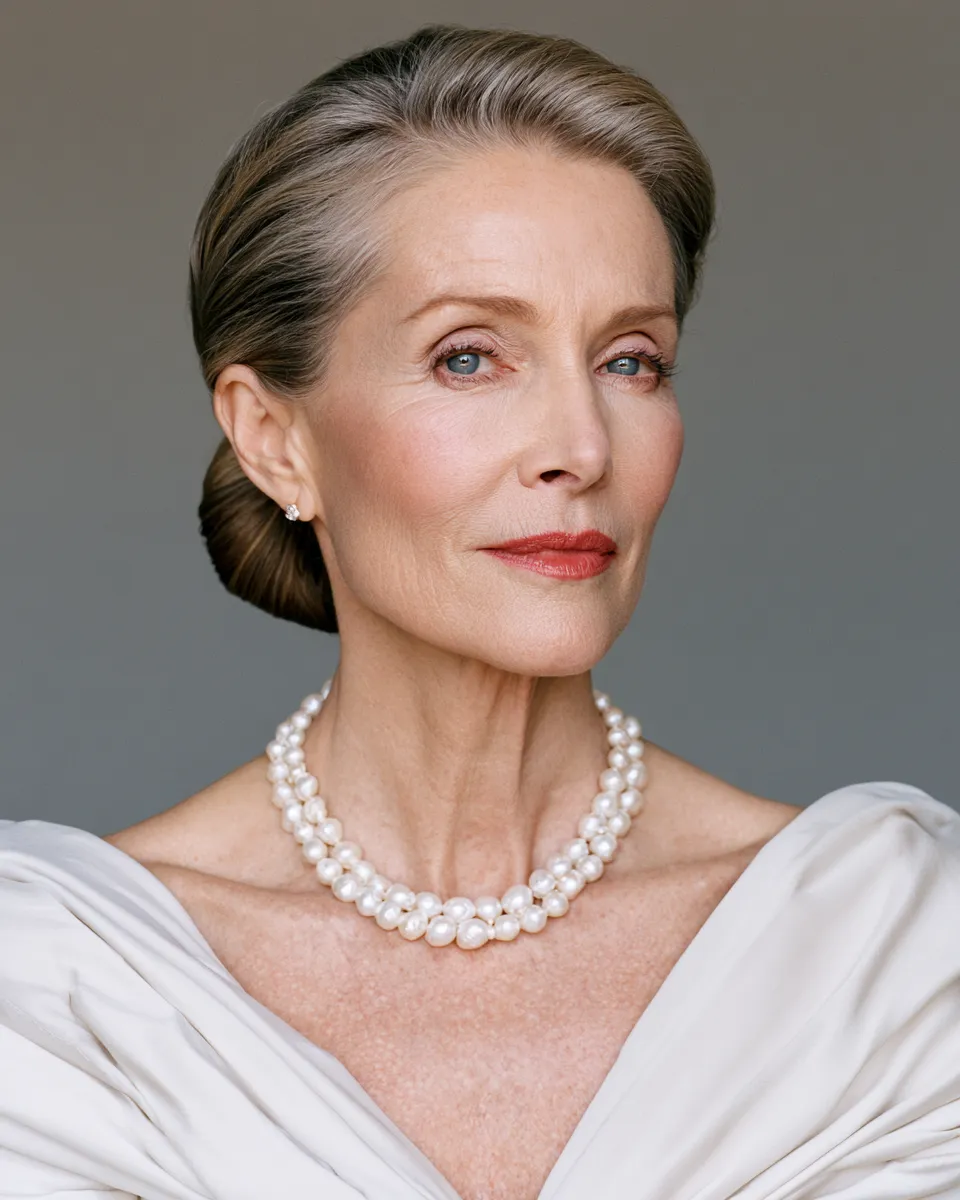 Elegant woman with a sleek low bun mother of the bride wedding hairstyle