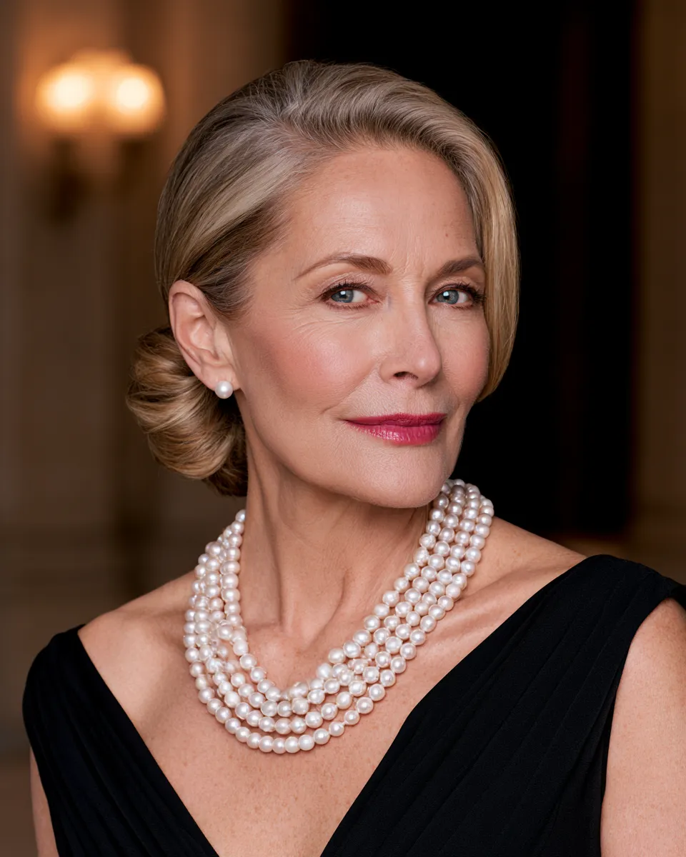 Sophisticated updo hairstyle for a mother of the bride at a formal wedding