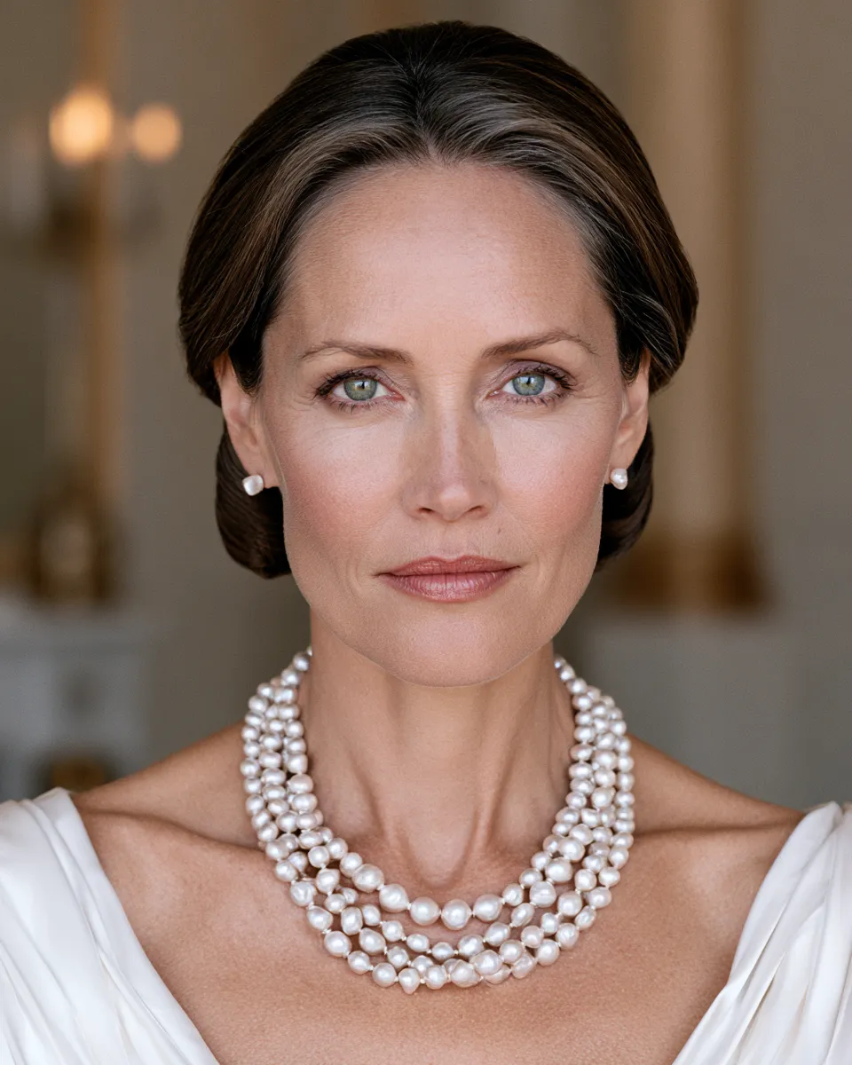 Close-up of a polished bridal party hairstyle with a chignon worn by the mother of the bride