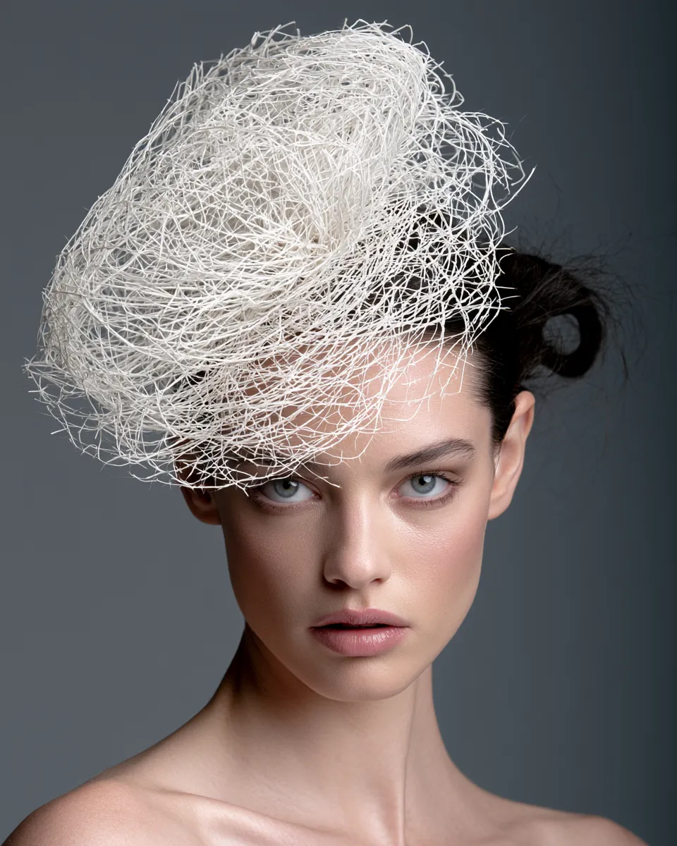 Editorial portrait of a woman with a dramatic crown accessory and twisted wedding hair