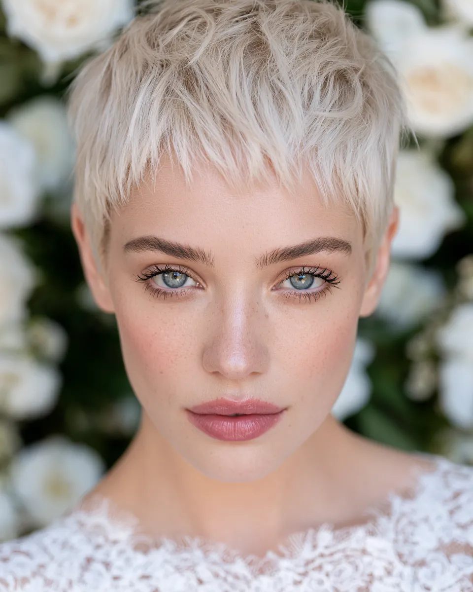 Bride with a sleek short pixie cut styled as a modern wedding hairstyle
