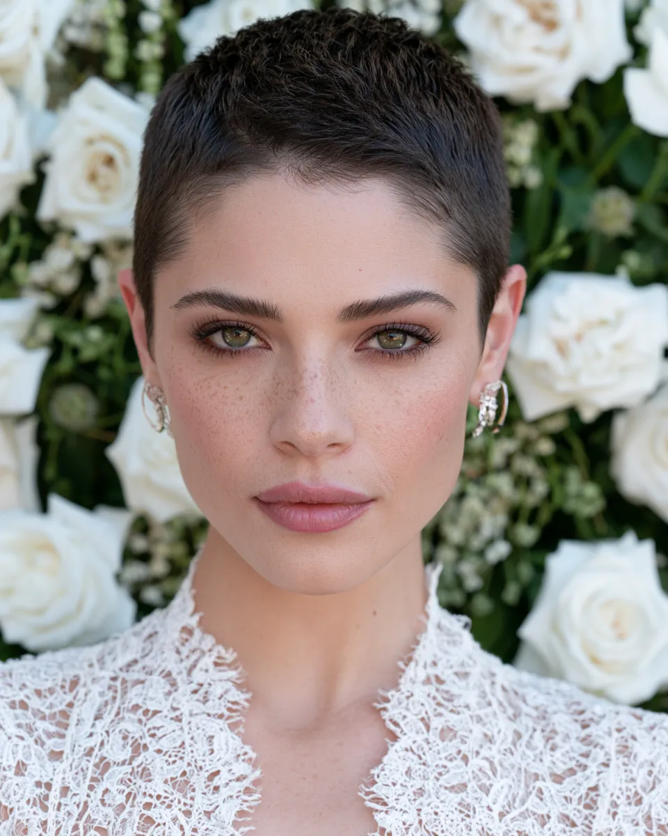 Short bridal hairstyle with sculpted volume and a crystal hair pin