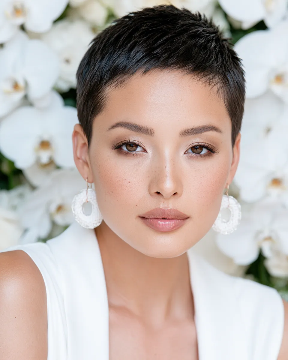 Editorial portrait of a woman with a bold short bob wedding hair look