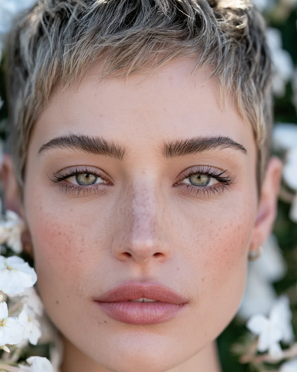Close-up of a bride wearing a polished bixie cut as a contemporary wedding hairstyle