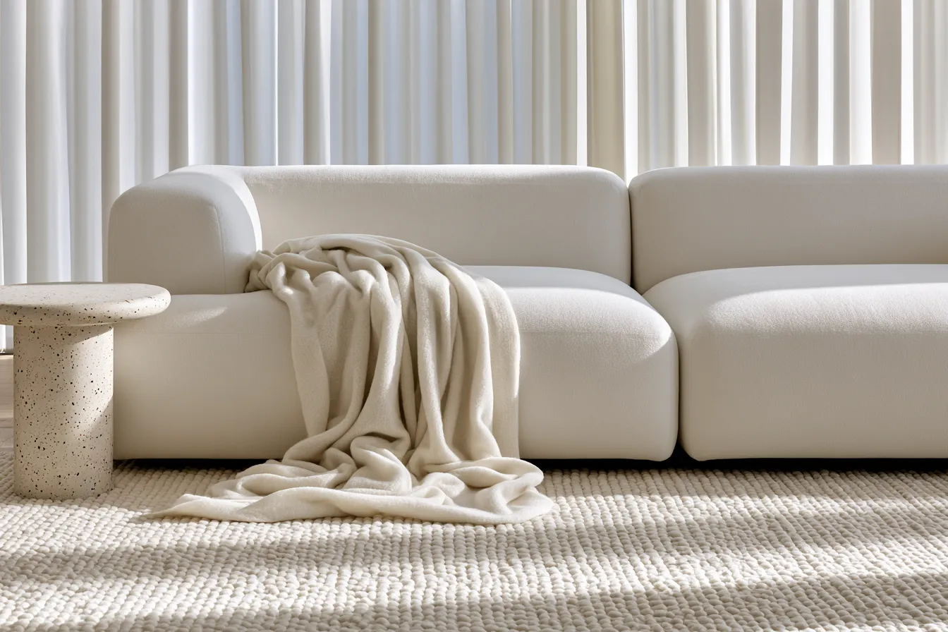 Bright white color scheme in a contemporary living room with minimalist furniture and warm shadows