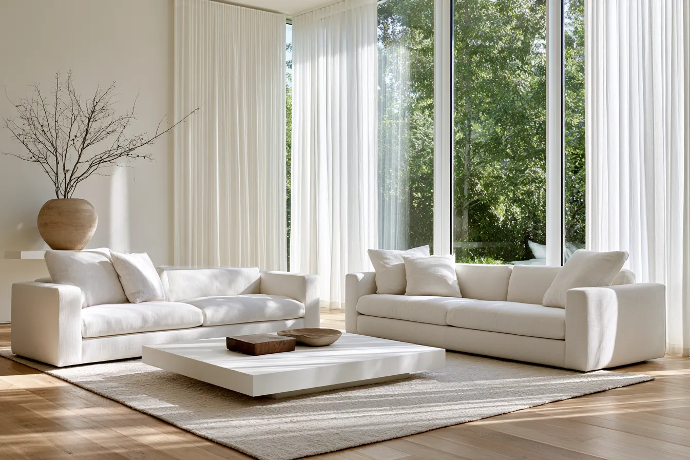 White color in home design — airy living room with linen furniture and natural light