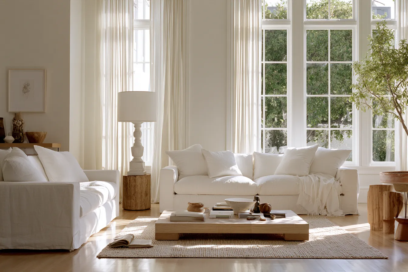 Interior design using white color palette with warm wood accents and large windows