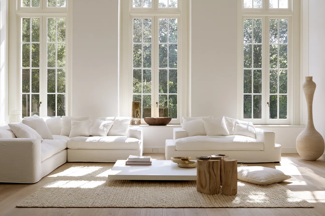 White color scheme in modern home design with minimal decor and sunlit interior
