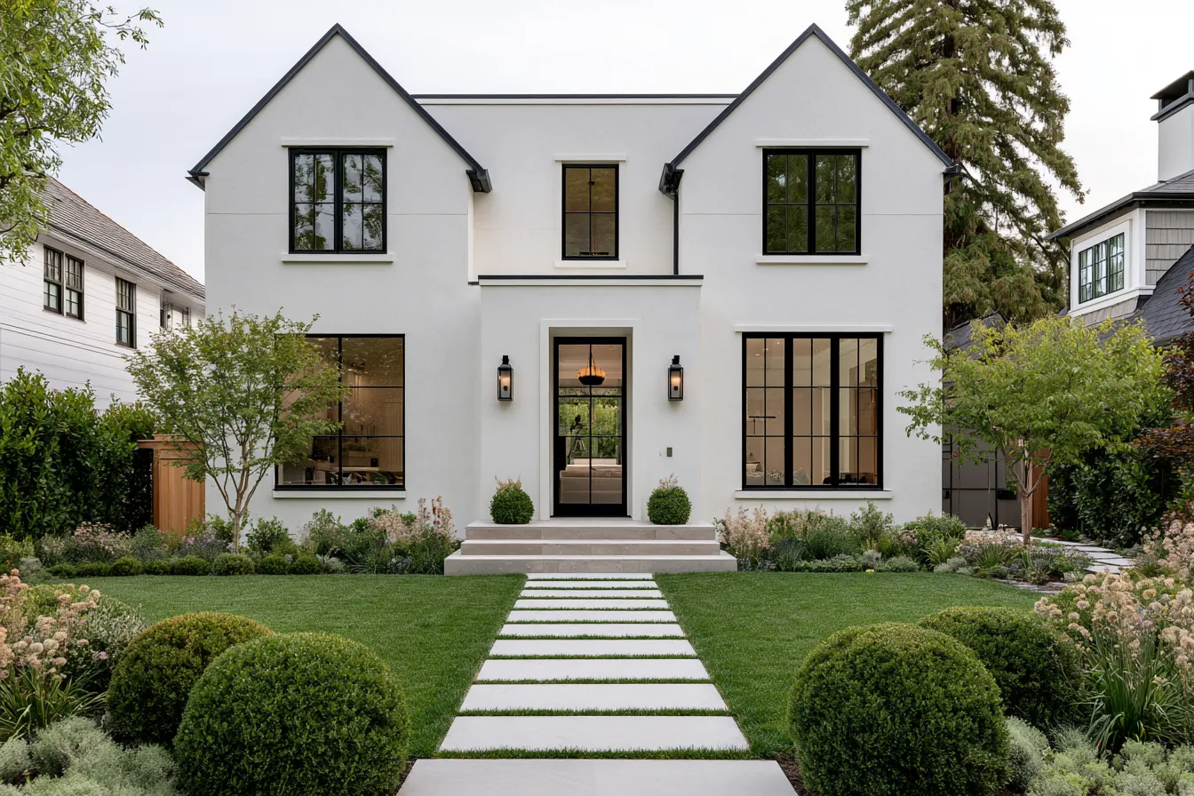 White house exterior with black window frames and mature garden landscaping