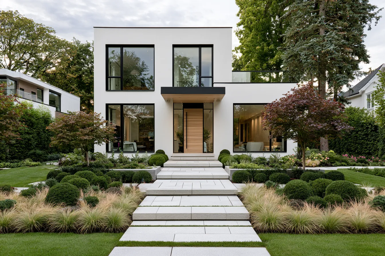 Modern home exterior in white color with stone pathway and bold window trim