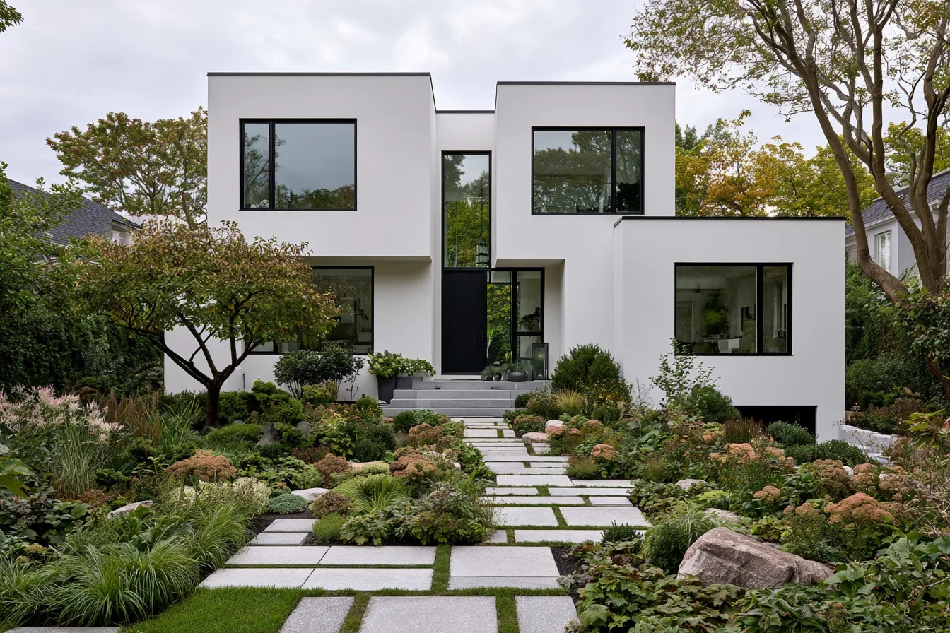 White color facade design on a contemporary house with dark architectural accents
