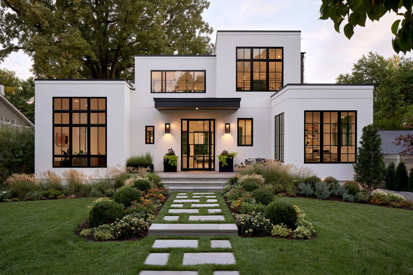 Elegant white exterior home design featuring clean lines and black contrast details