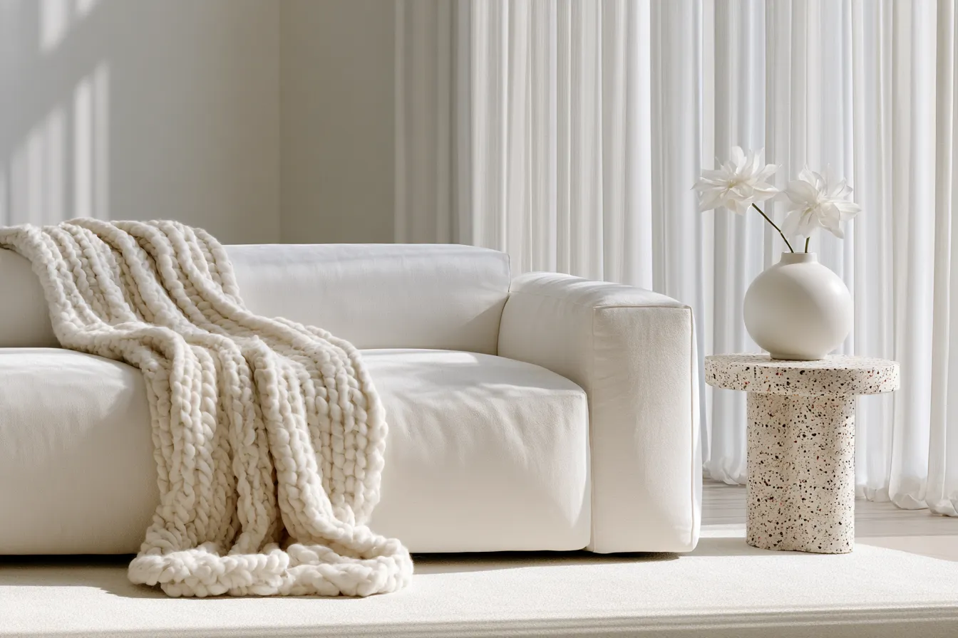 Living room designed in white color palette featuring deep sofa and layered soft textures