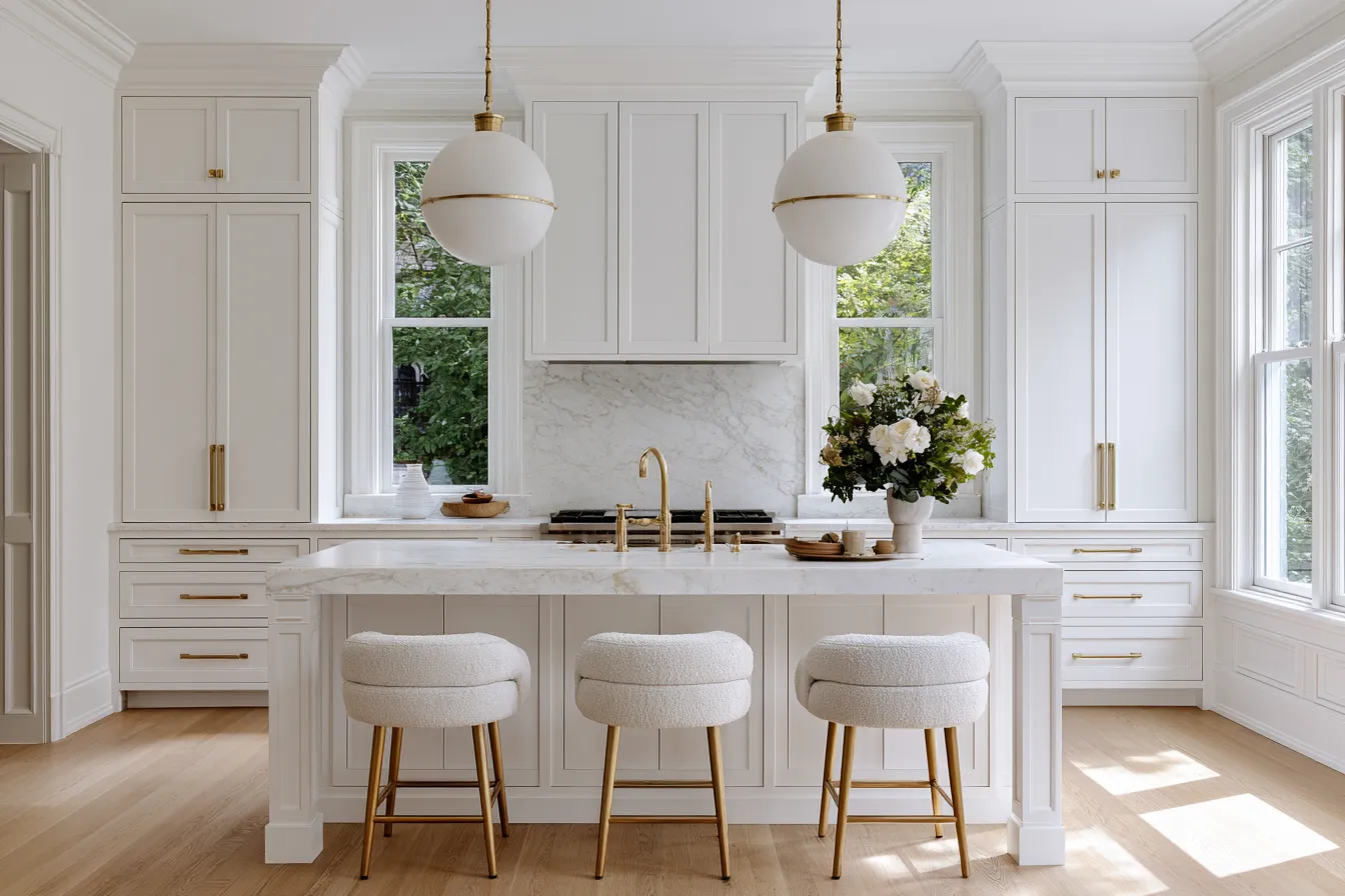 White kitchen color scheme with open shelving and warm metallic accents