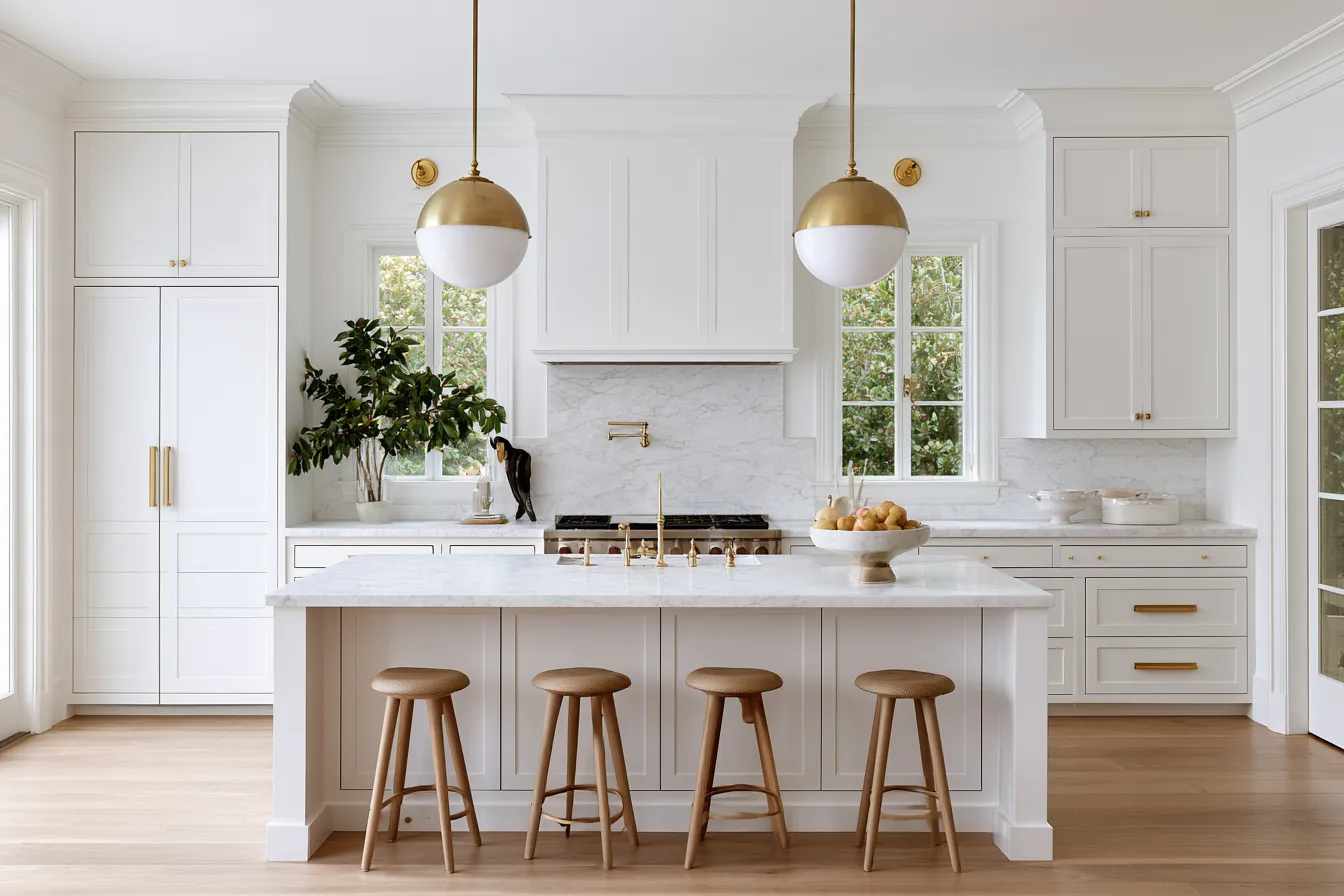 White color kitchen design with marble countertops and brass pendant lights