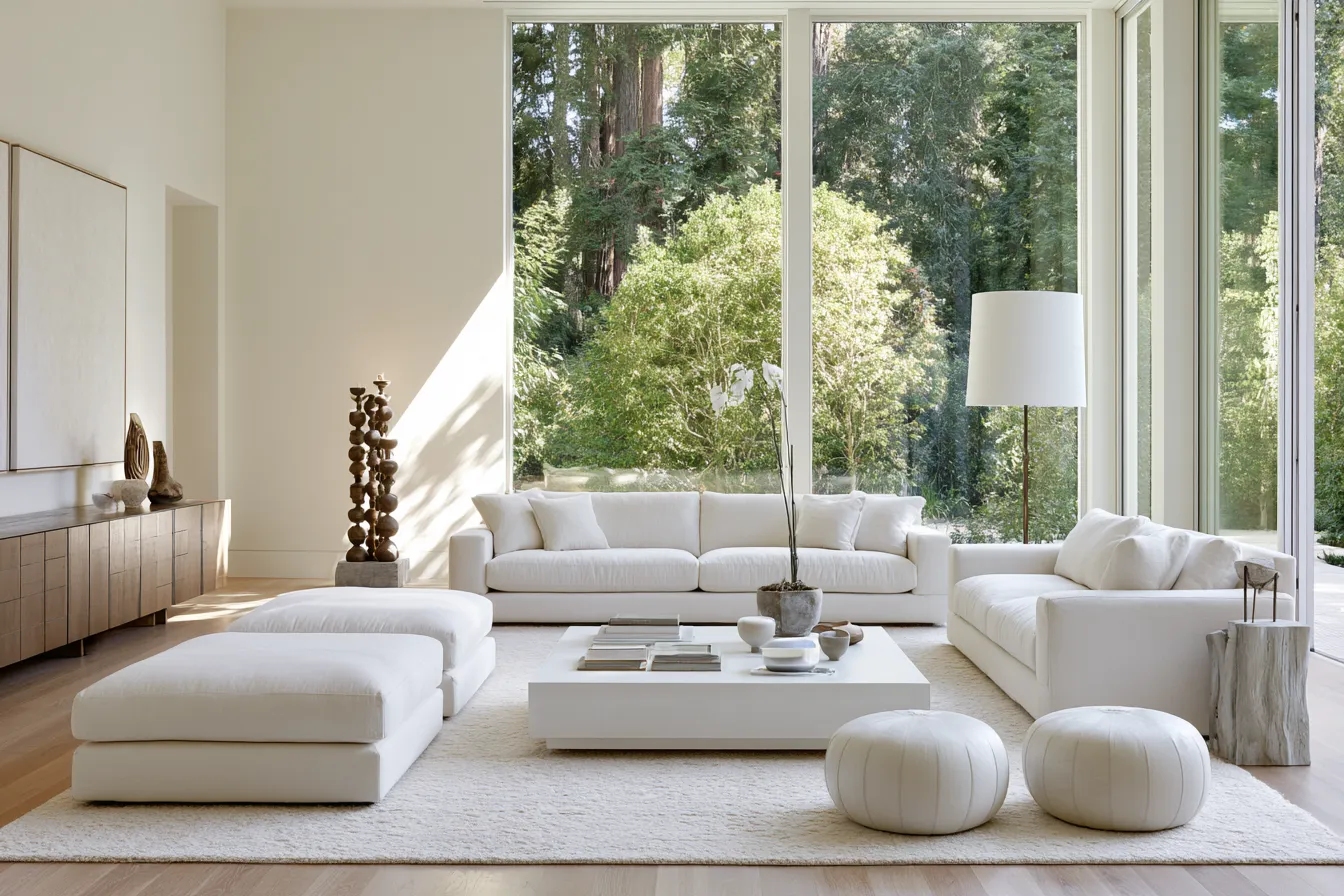 Home design featuring white color walls and soft neutral furnishings in a bright living space