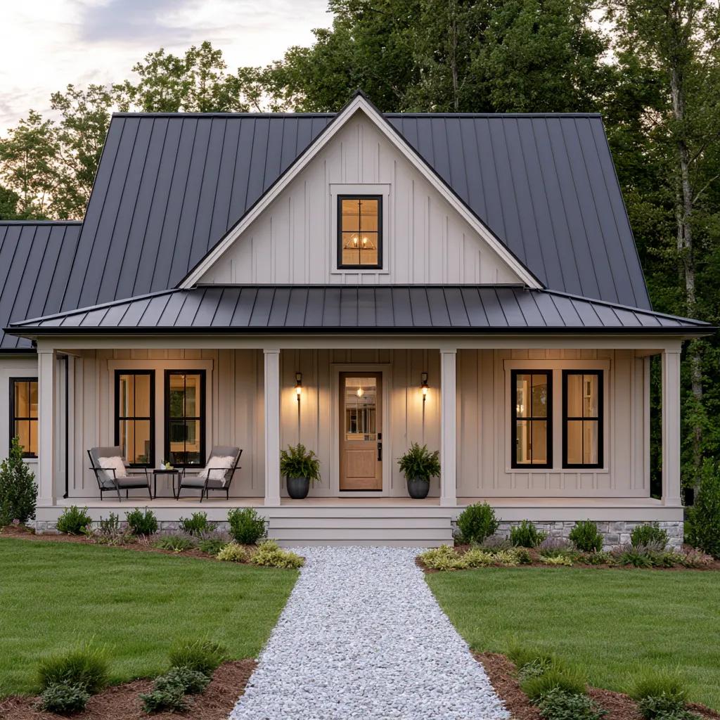 Farmhouse exterior in a warm grey home color tone