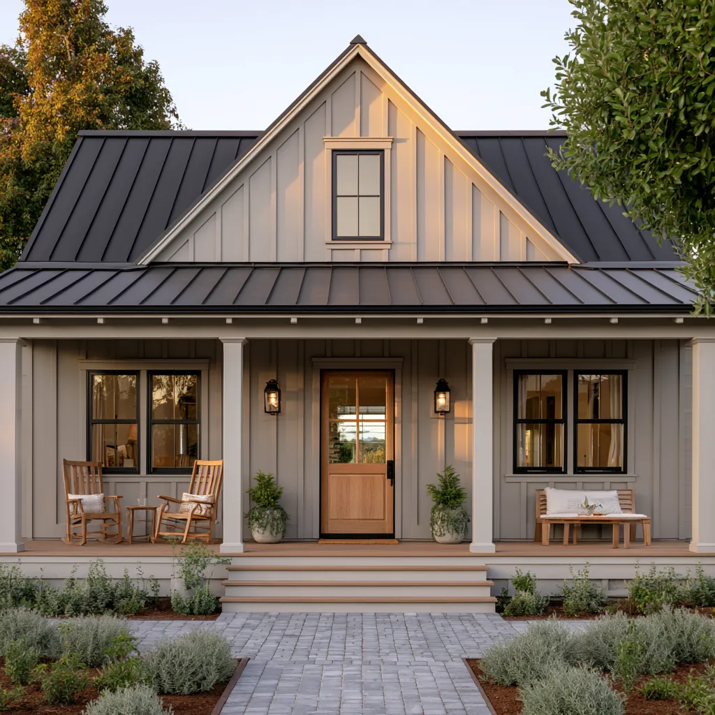 Grey home color siding on a modern farmhouse with black roof
