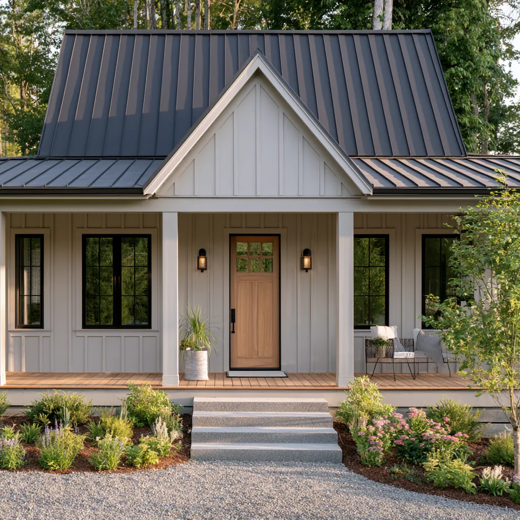 Board-and-batten house exterior in a soft grey home color