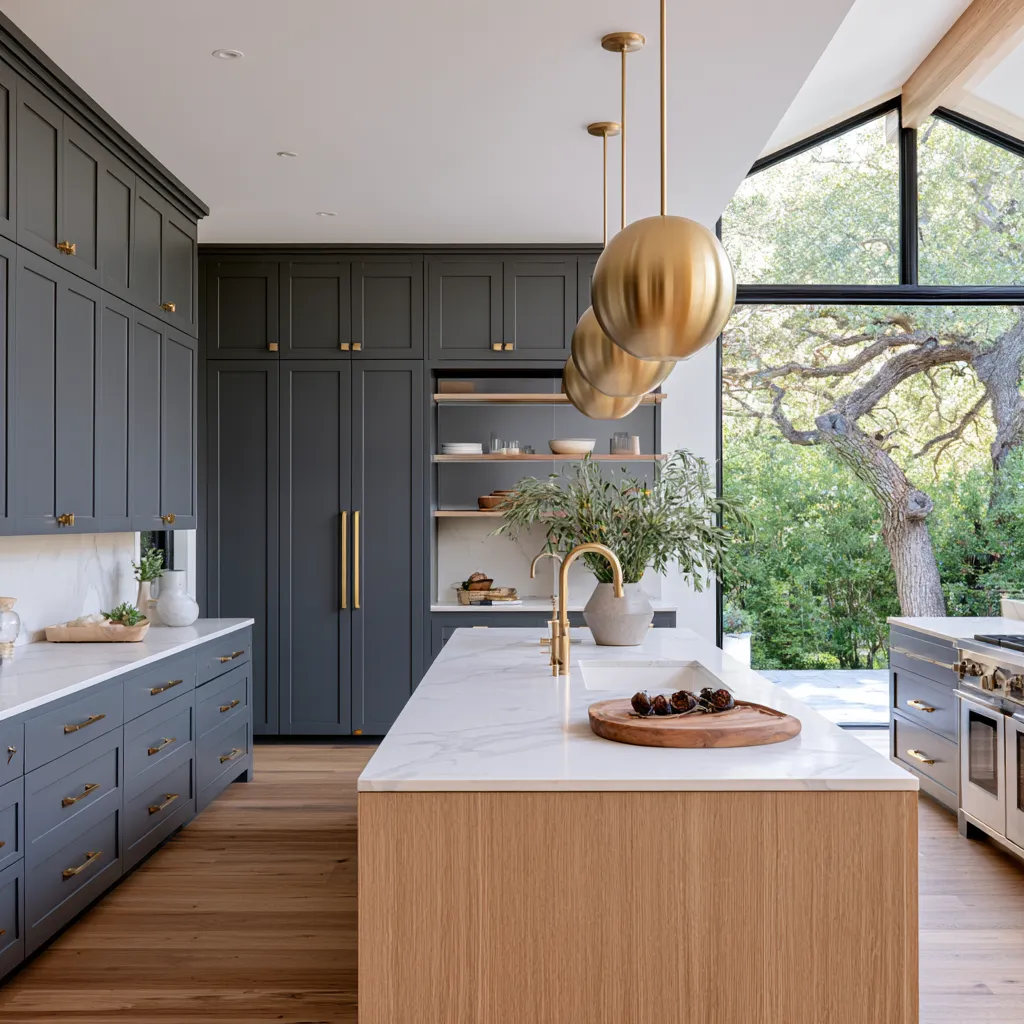 Grey home color cabinetry paired with an oak kitchen island