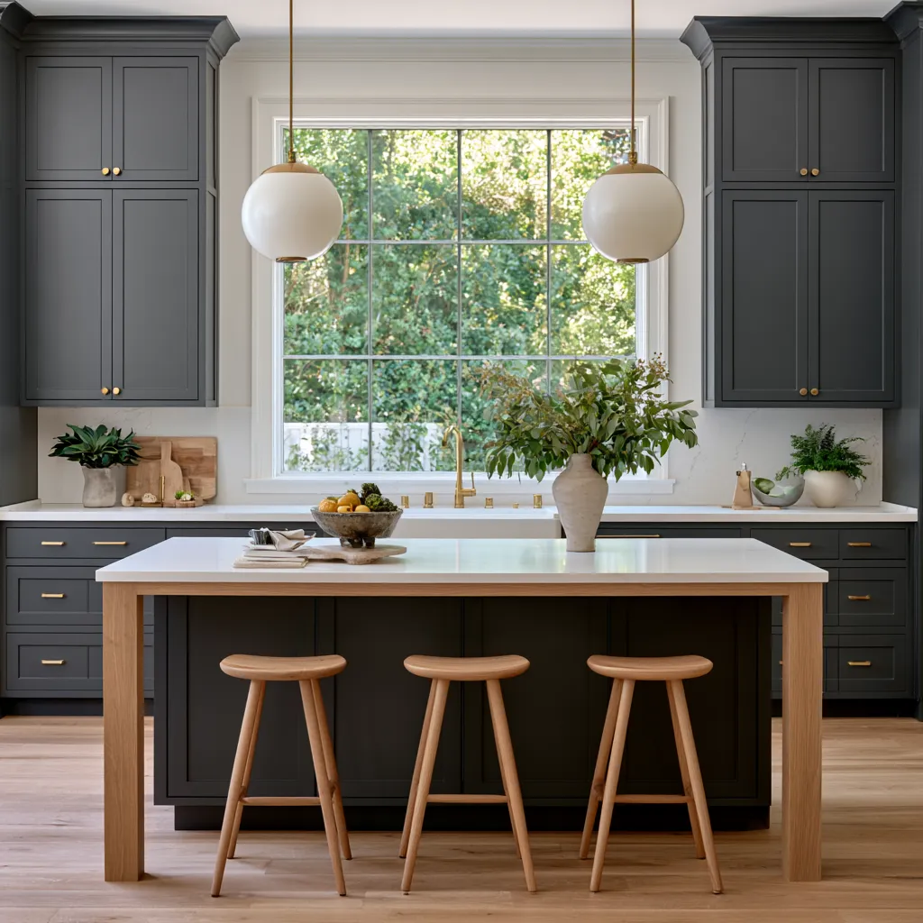 Two-tone grey home color kitchen with quartz countertops