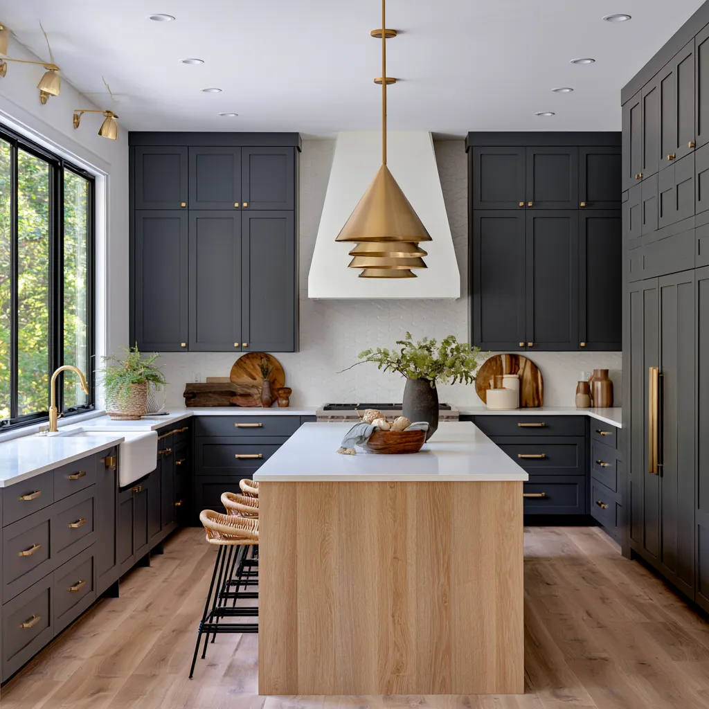 Charcoal grey home color kitchen cabinets with brass hardware