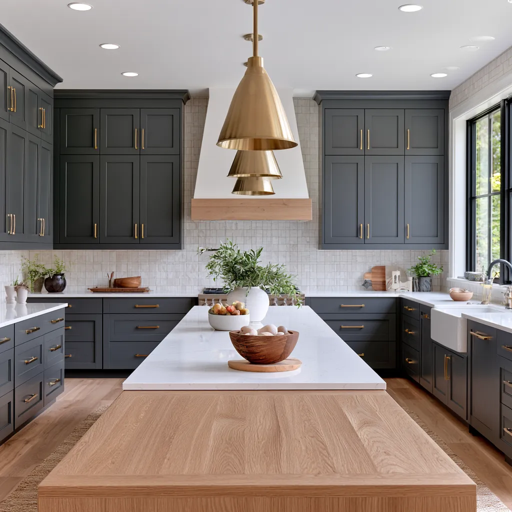 Modern kitchen island styled in a grey home color palette