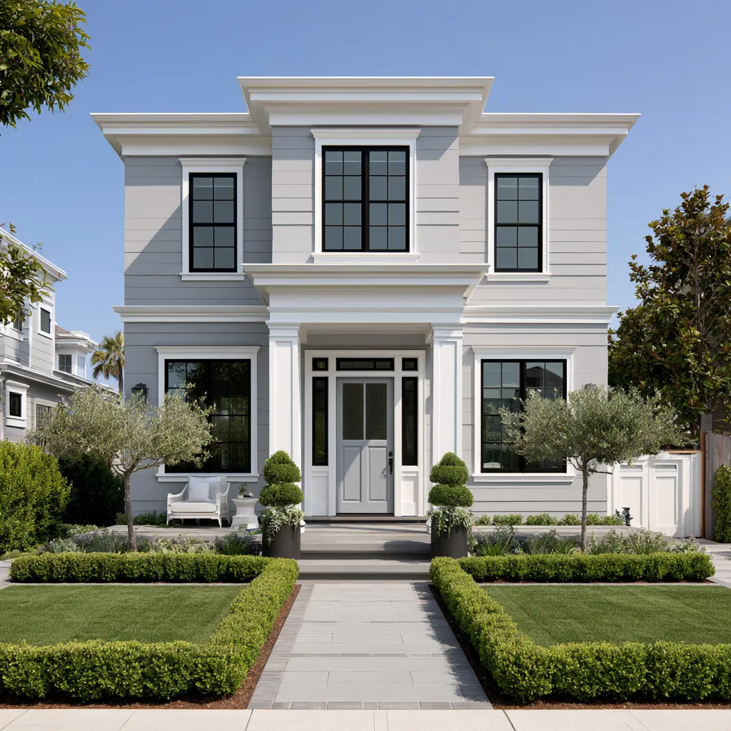 Grey home color siding paired with white trim and black windows
