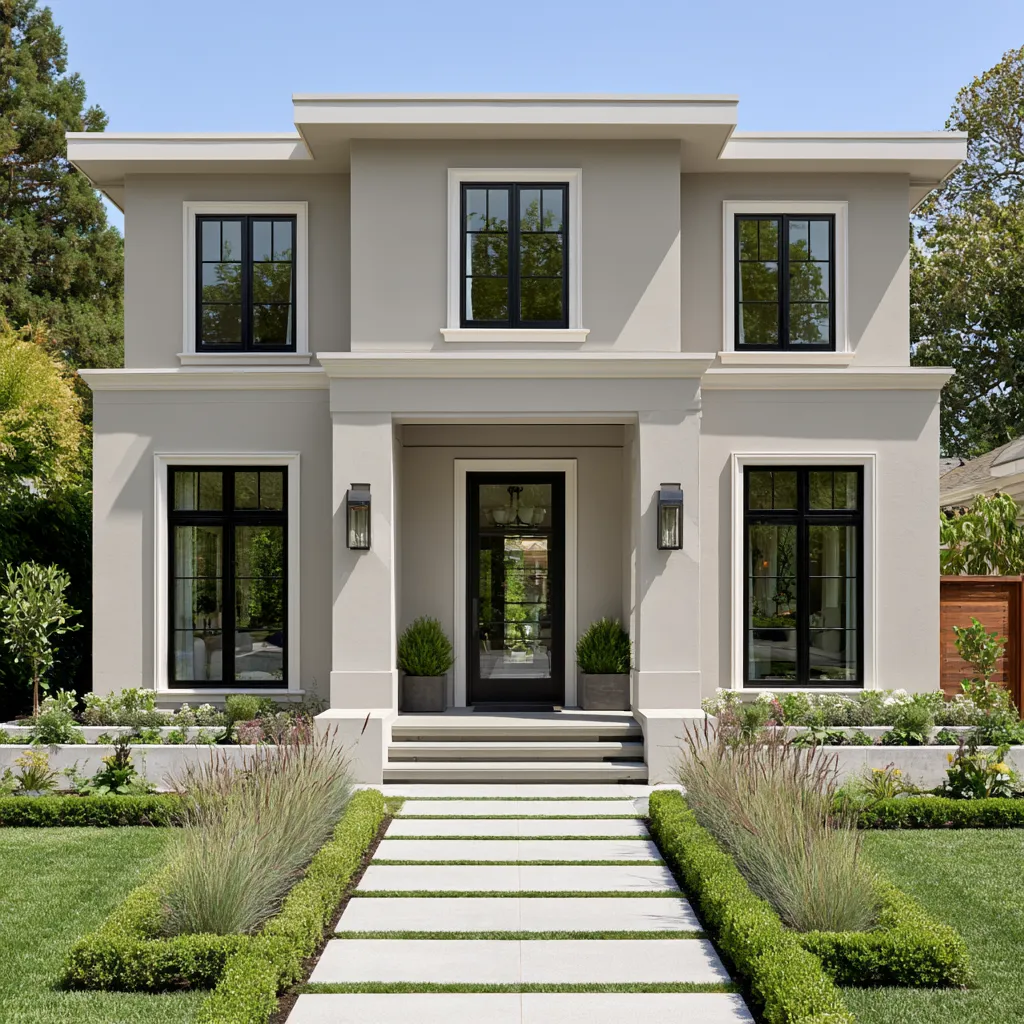 Modern grey home color exterior with white trim and landscaping
