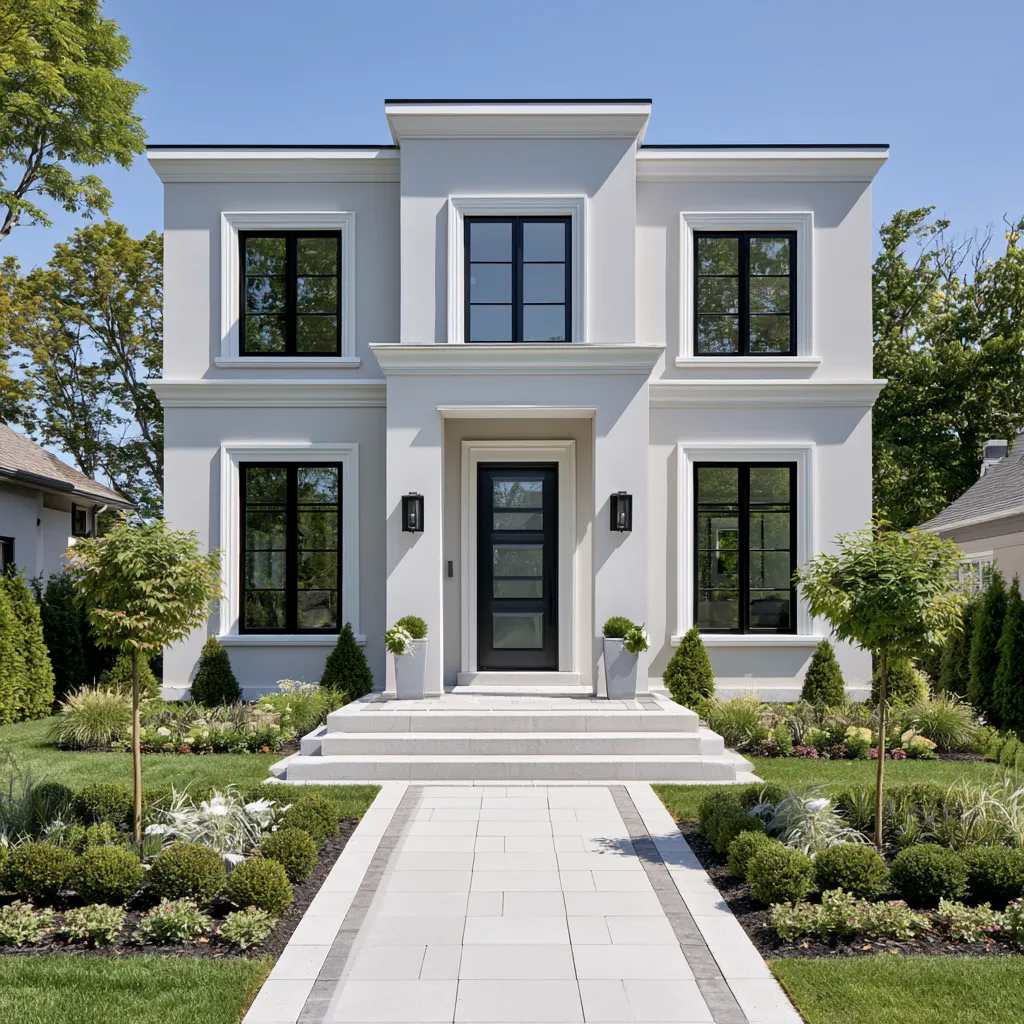 Two-story residence finished in a soft grey home color scheme