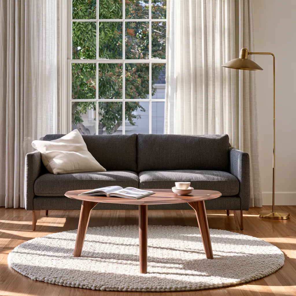 Grey home color living room with a textured wool rug