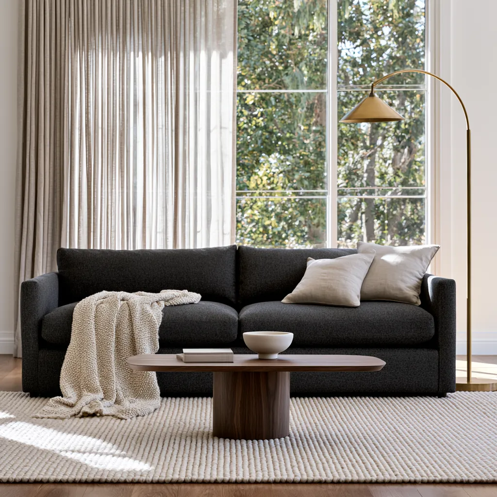 Modern lounge featuring a grey home color sofa and walnut table