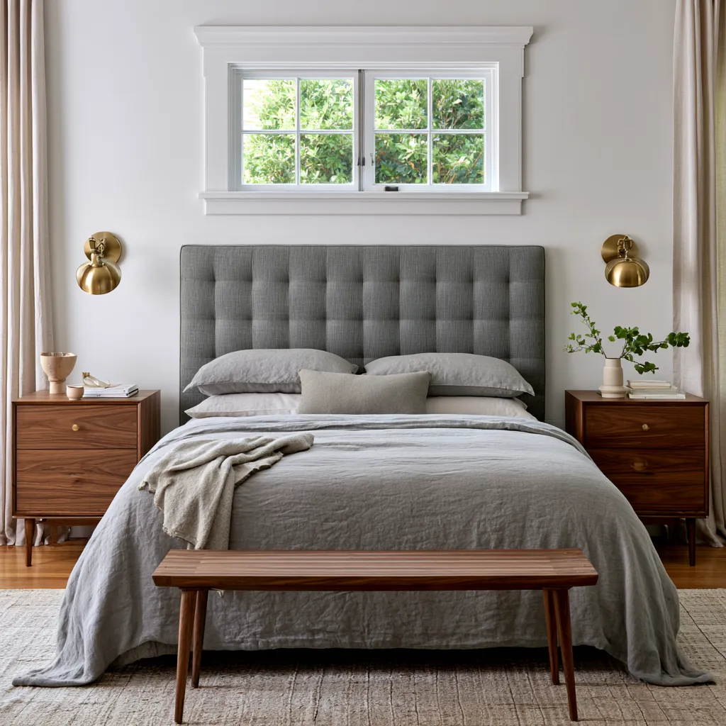 Grey home color headboard paired with linen bedding